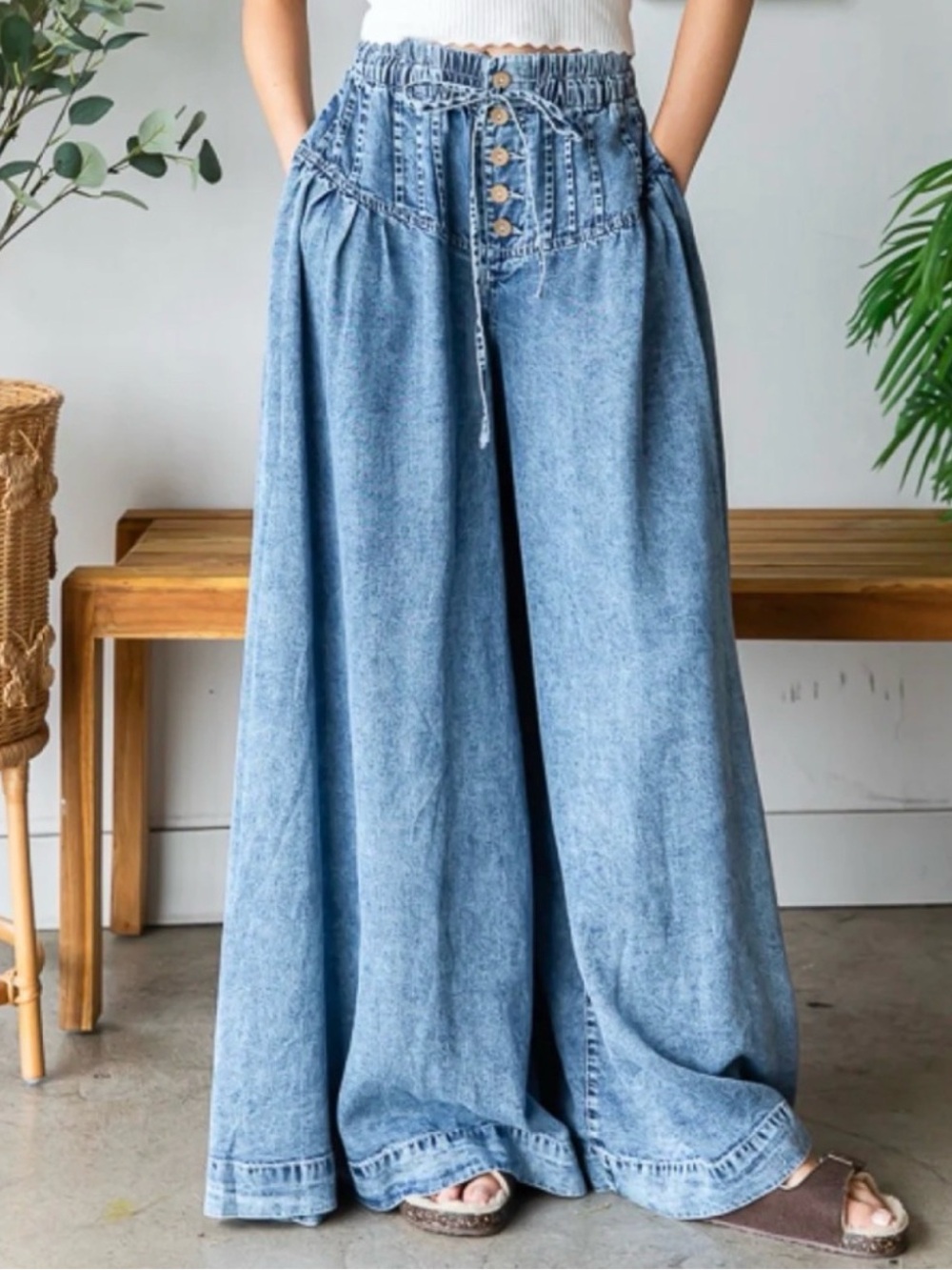 Oli & Hali Light Blue Wide-Leg Denim Jumpsuit Pants